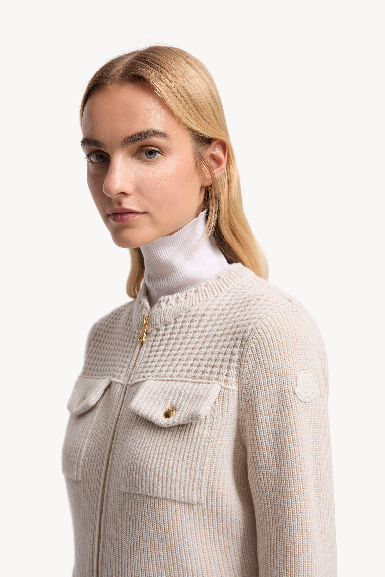 Cardigan zippé matelassé en laine Femmes Blanc Moncler 4